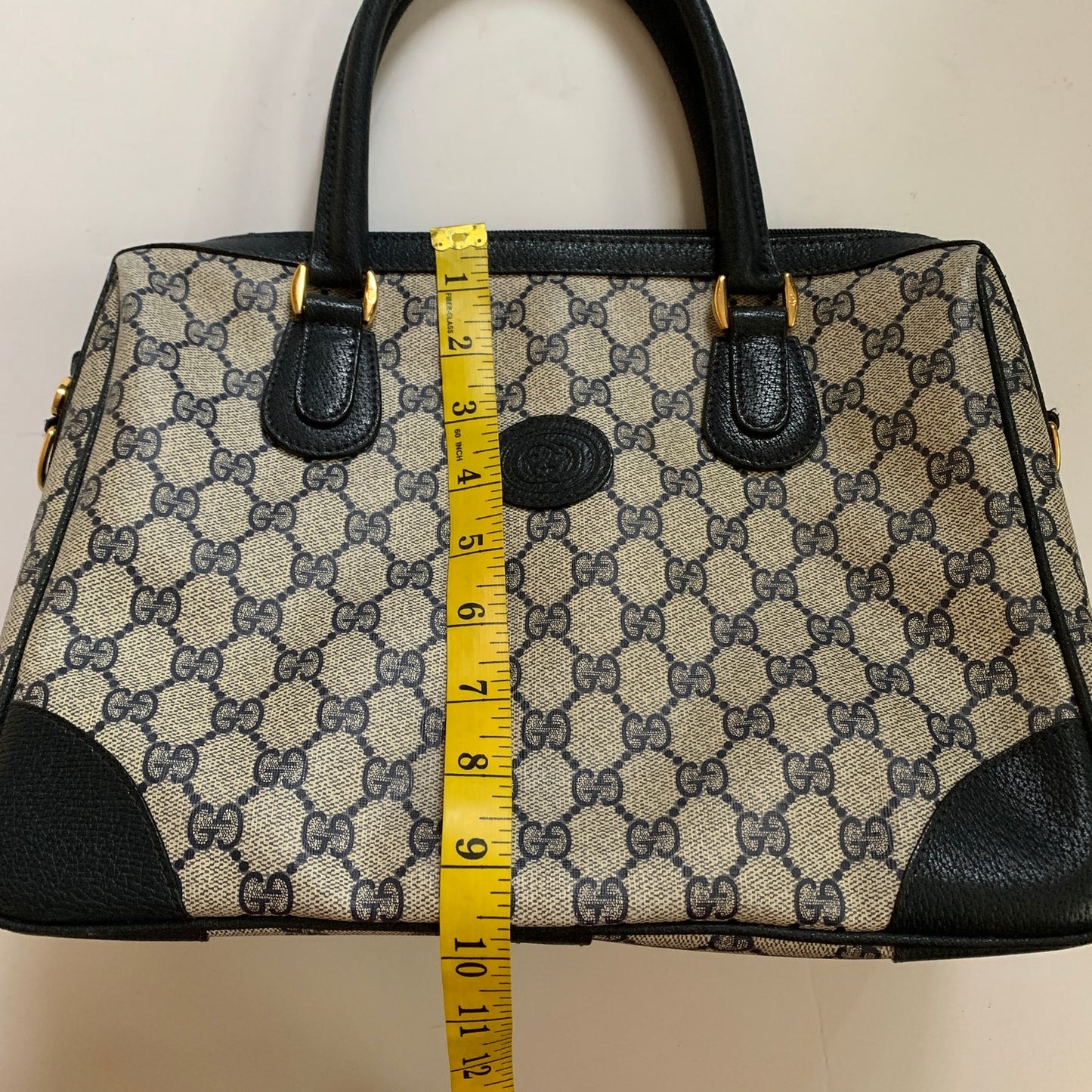 Vintage Gucci Boston Navy Blue Gray Handbag Purse Satchel Authentic