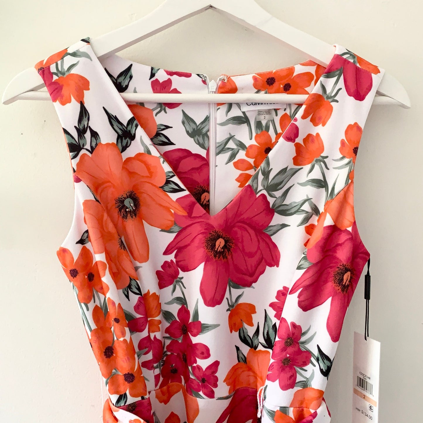 Calvin Klein White Floral Print Sleeveless Midi Dress Belted Waist