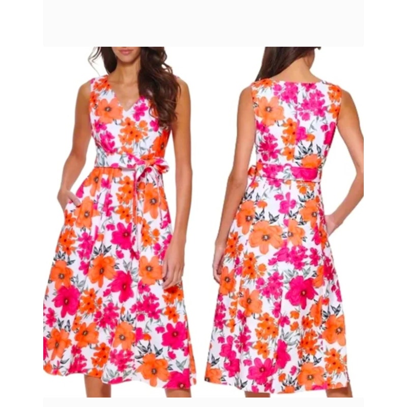 Calvin Klein White Floral Print Sleeveless Midi Dress Belted Waist