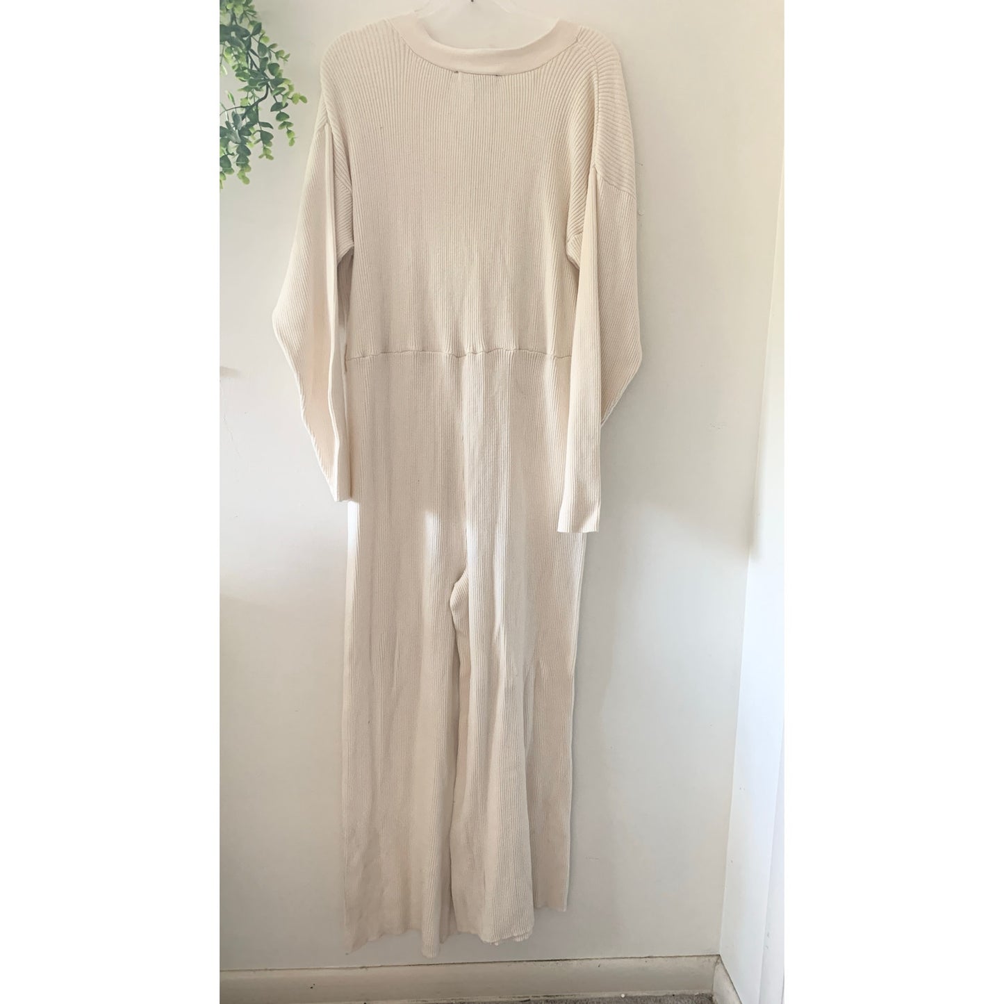 Eloquii Knit Ribbed Long Sleeve Jumpsuit Button Front Cropped Cream White  22-24