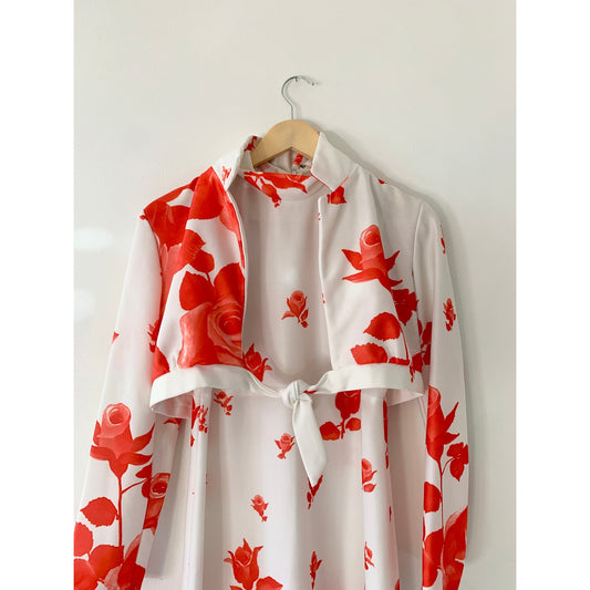 Vintage 1970s Union Made Red White Floral Roses Maxi Dress with Jacket