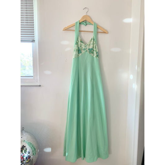 Vintage 1970s Union Made Mint Green Floral Halter Maxi Dress with Jacket