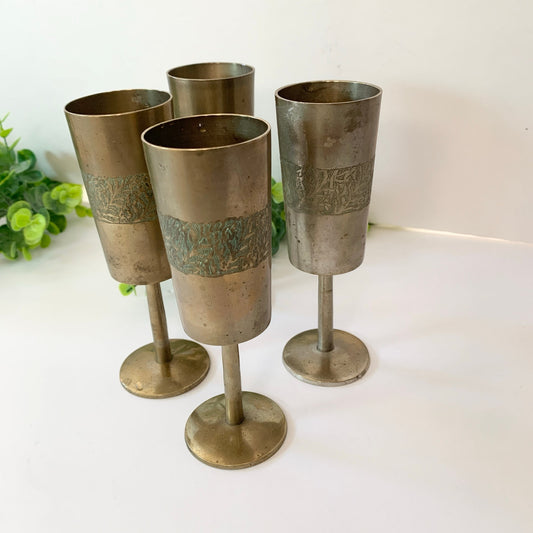 Vintage Brass Gold Etched India Goblet Cups 6" Set 4