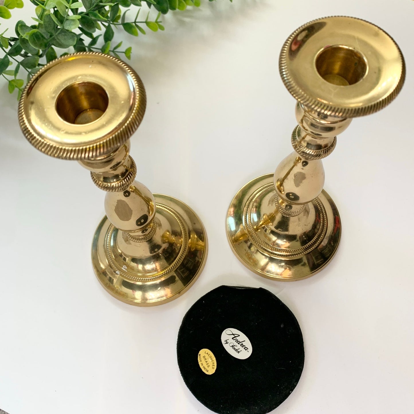 Vintage Andrea by Sadek Lacquered Gold Brass Taper 8" Candle Holders Set of 2
