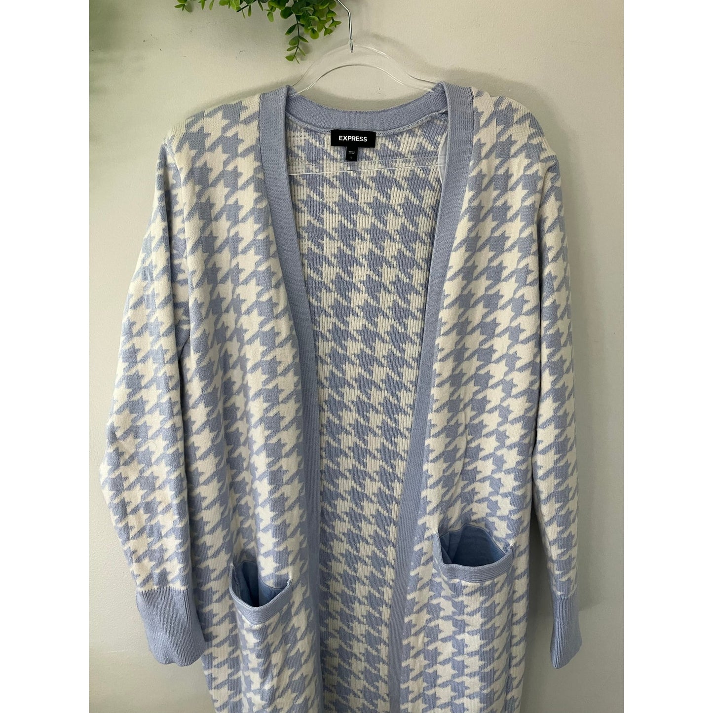 EXPRESS BLUE IVORY METALLIC HOUNDSTOOTH PRINT DUSTER CARDIGAN