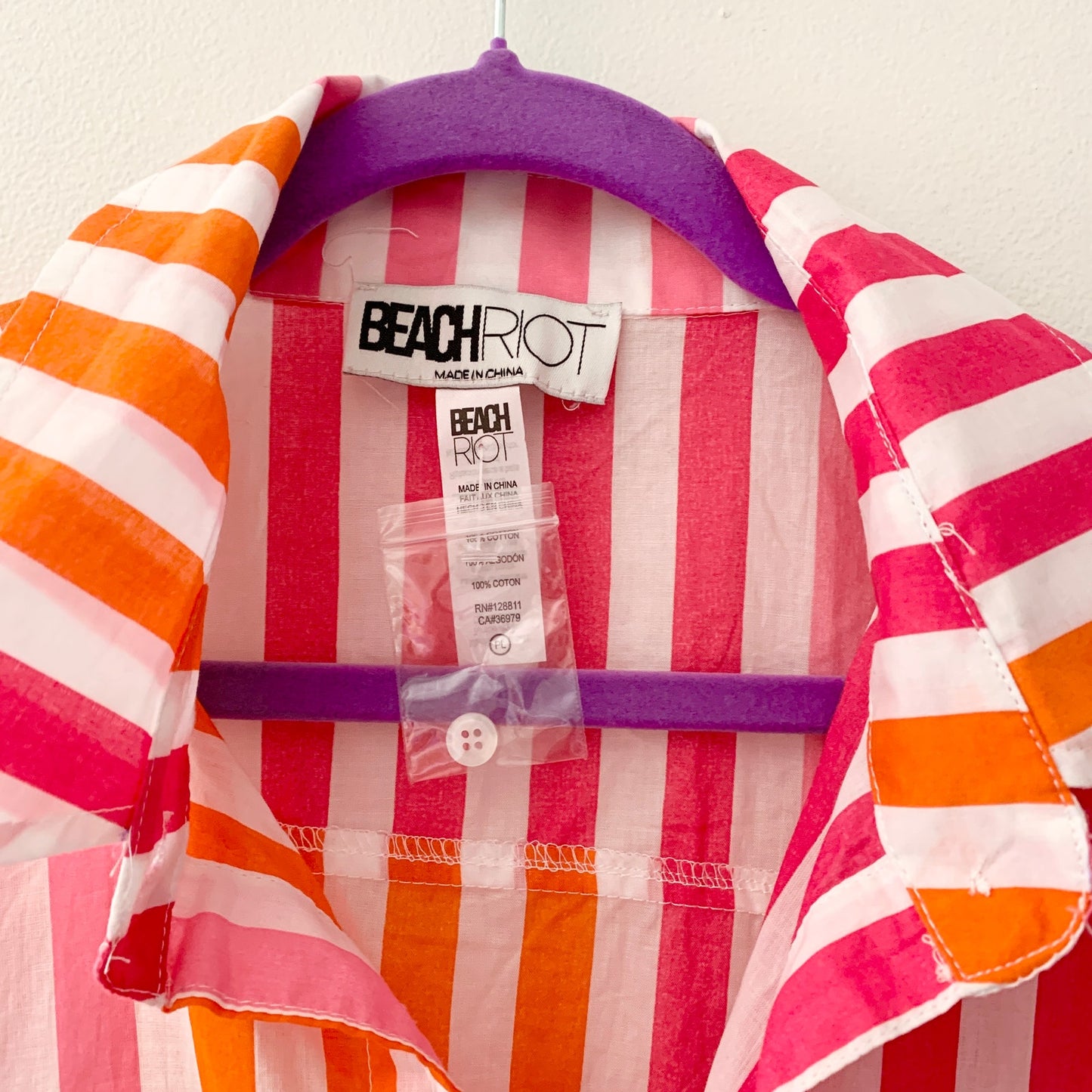 Beach Riot Alexa Pink White Orange Sunset Stripe Cotton Button Swim Top Shirt  L