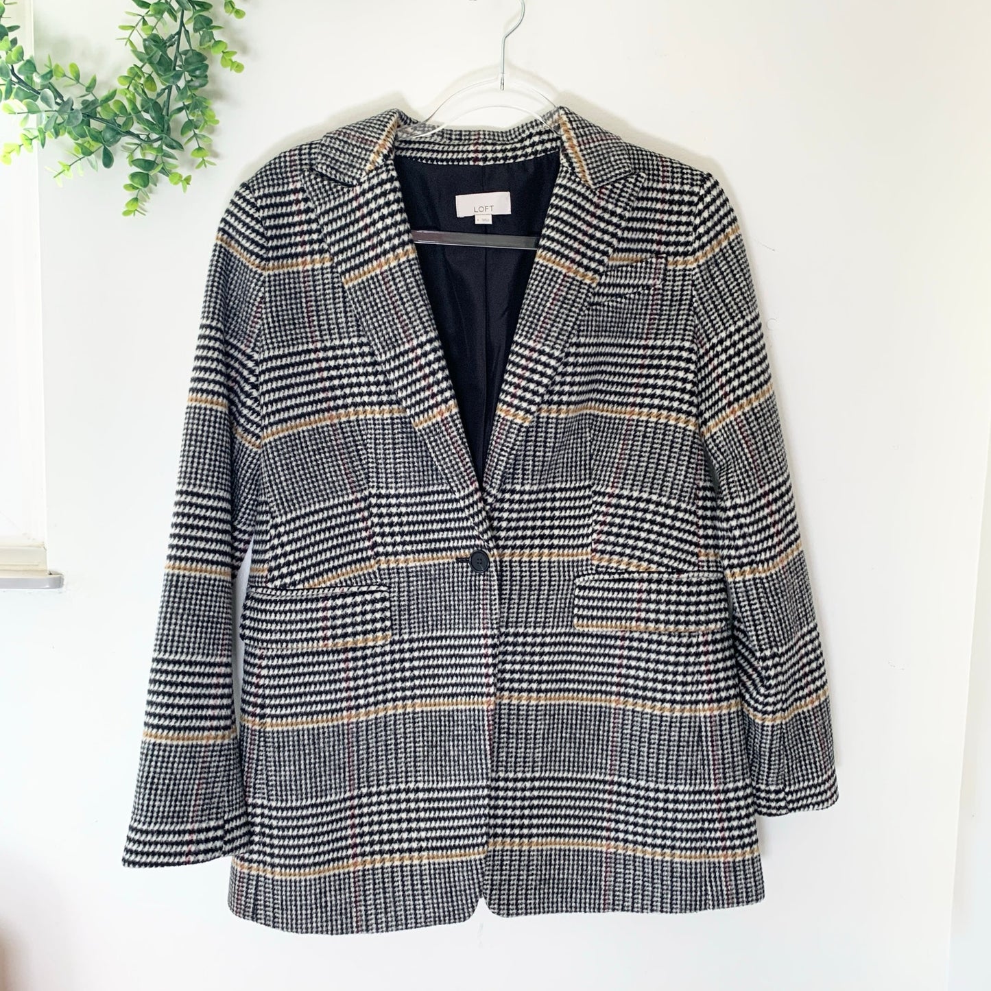 Ann Taylor Loft Relaxed Houndstooth Plaid Blazer Gray Tan