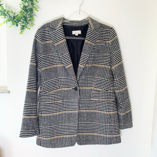 Ann Taylor Loft Relaxed Houndstooth Plaid Blazer Gray Tan