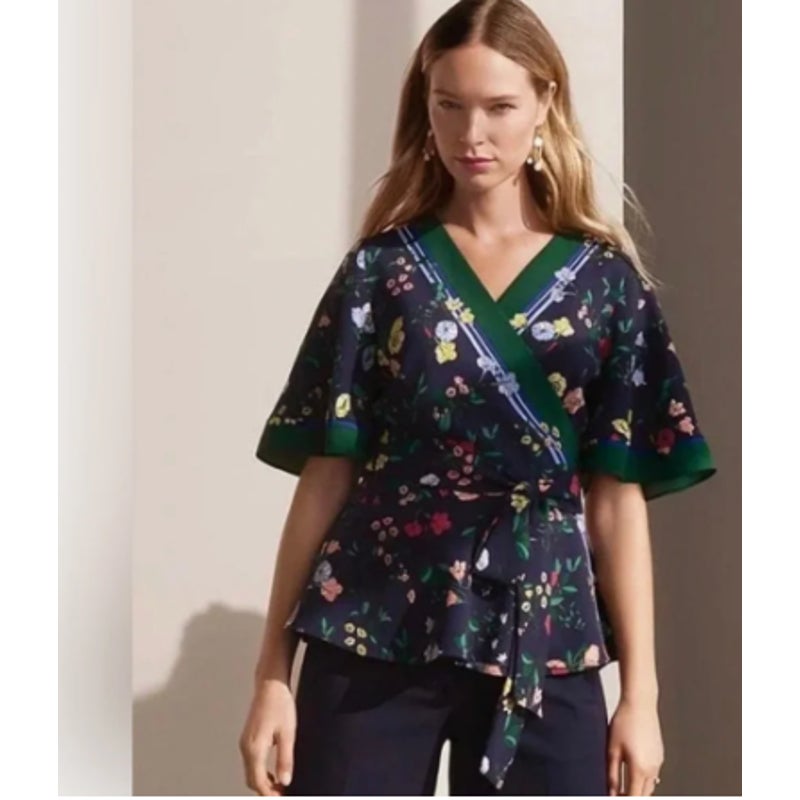 Ann Taylor Floral Flutter Sleeve Kimono Wrap Top Dark navy Floral Print Shirt