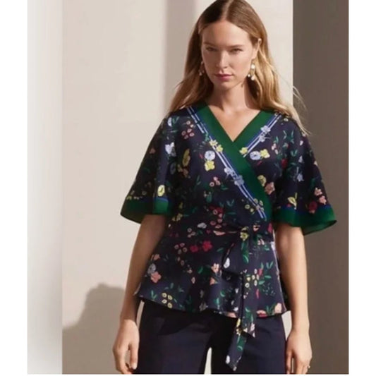 Ann Taylor Floral Flutter Sleeve Kimono Wrap Top Dark navy Floral Print Shirt