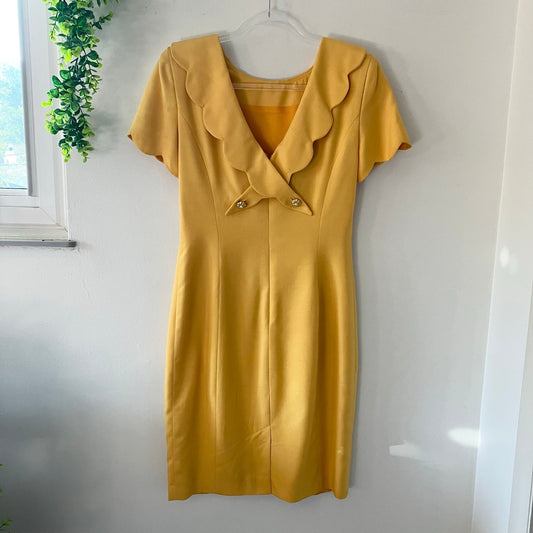Vintage Gillian 80s 90s For Parisian Scalloped V Neck Silk Yellow Sheath Dress