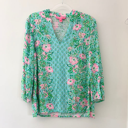 Lilly Pulitzer Luna Bay Tunic Top Shirt Green pink Medium