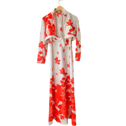 Vintage 1970s Union Made Red White Floral Roses Maxi Dress with Jacket