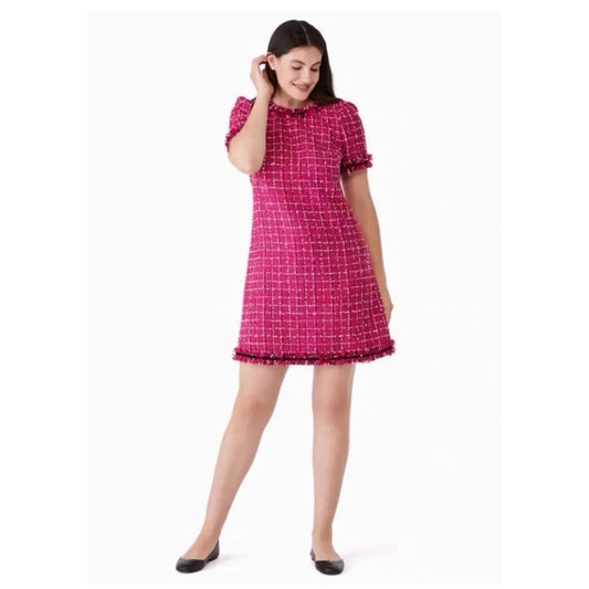 Kate Spade Festive Tweed Mini Dress Magenta Pink White Plaid K9841