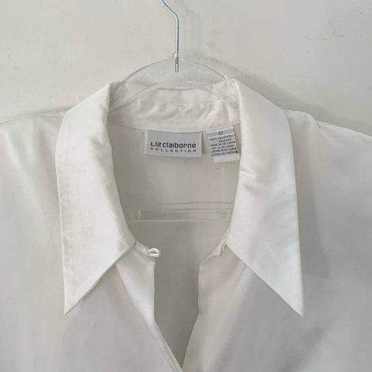 Liz Claiborne Vintage White Button Silky Polyester Collared Blouse 12