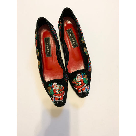 J. Renee Santa Embroidered Black Red Vintage Holiday Flats Size 8.5 Narrow
