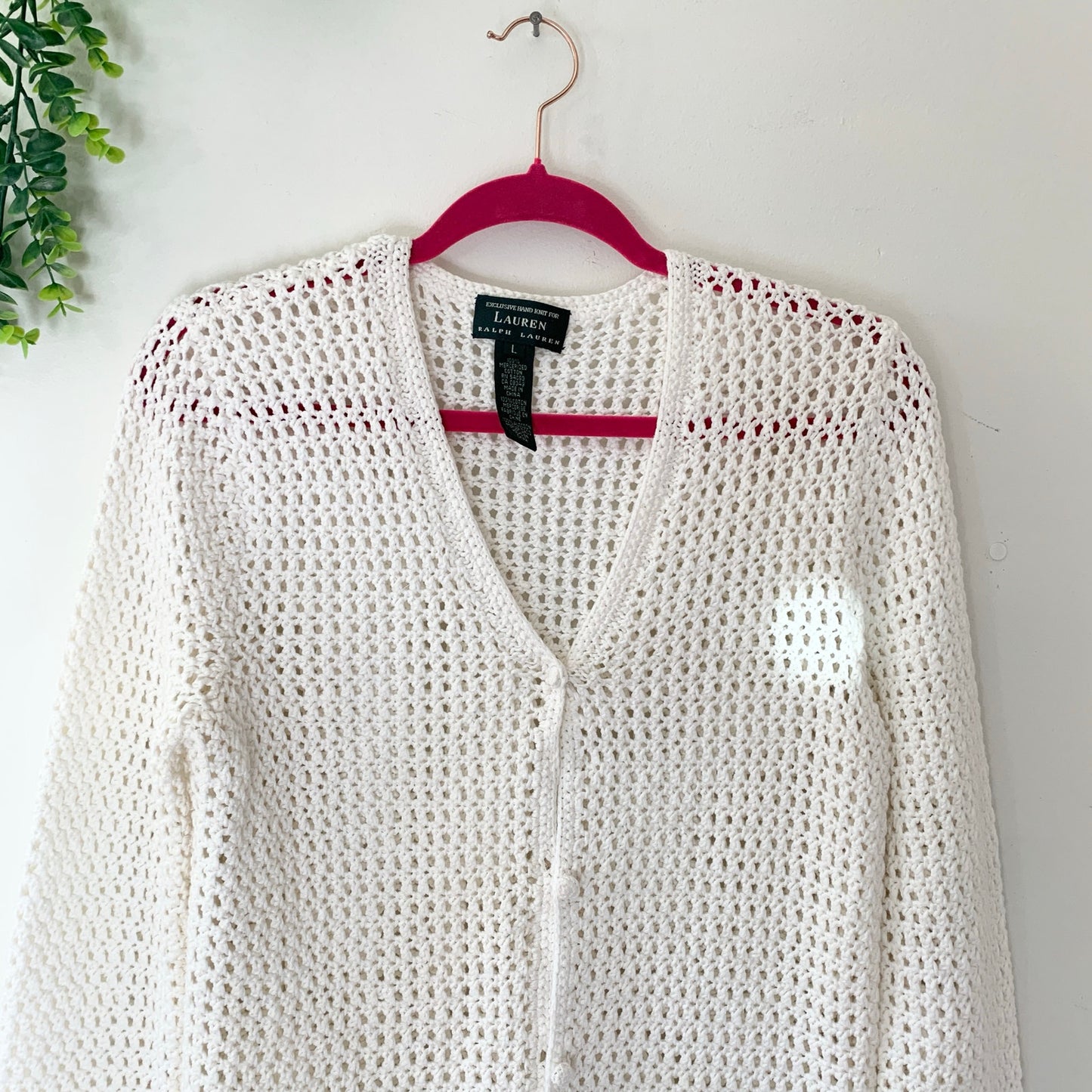 Ralph Lauren Exclusive Hand Knit White Button Front Cotton Cardigan Large