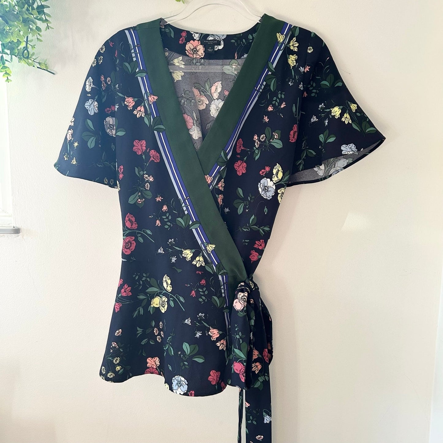 Ann Taylor Floral Flutter Sleeve Kimono Wrap Top Dark navy Floral Print Shirt