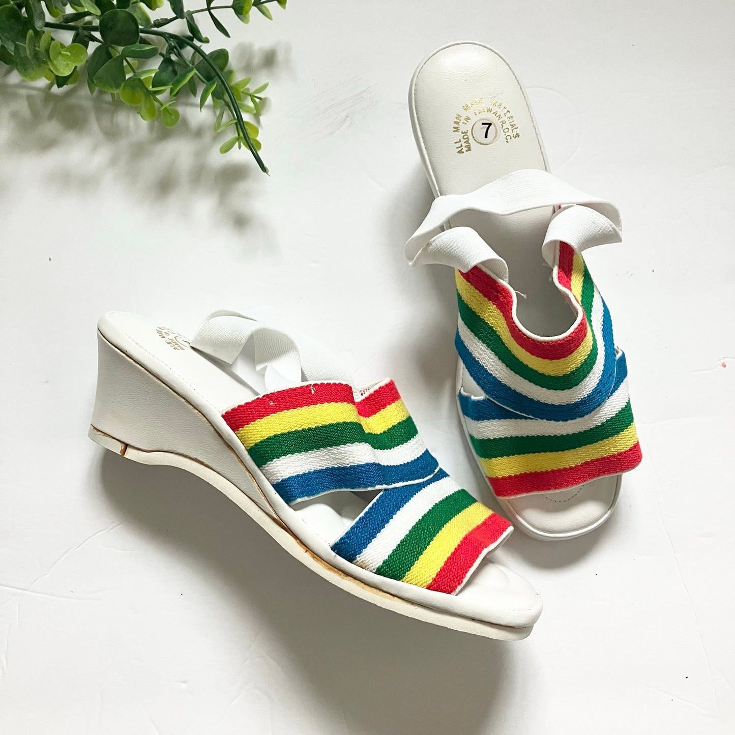 Vintage 70s 80s Rainbow Strap Wedge Sandals