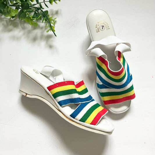 Vintage 70s 80s Rainbow Strap Wedge Sandals