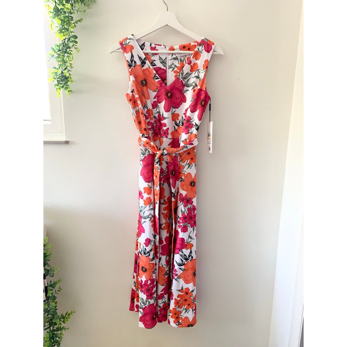 Calvin Klein White Floral Print Sleeveless Midi Dress Belted Waist