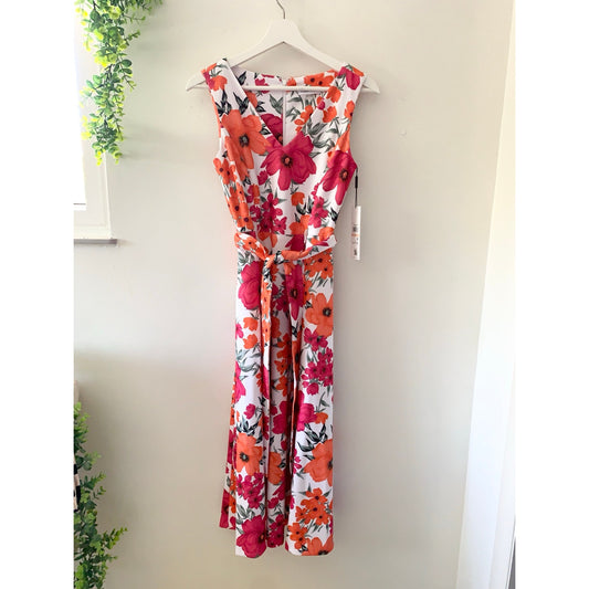 Calvin Klein White Floral Print Sleeveless Midi Dress Belted Waist