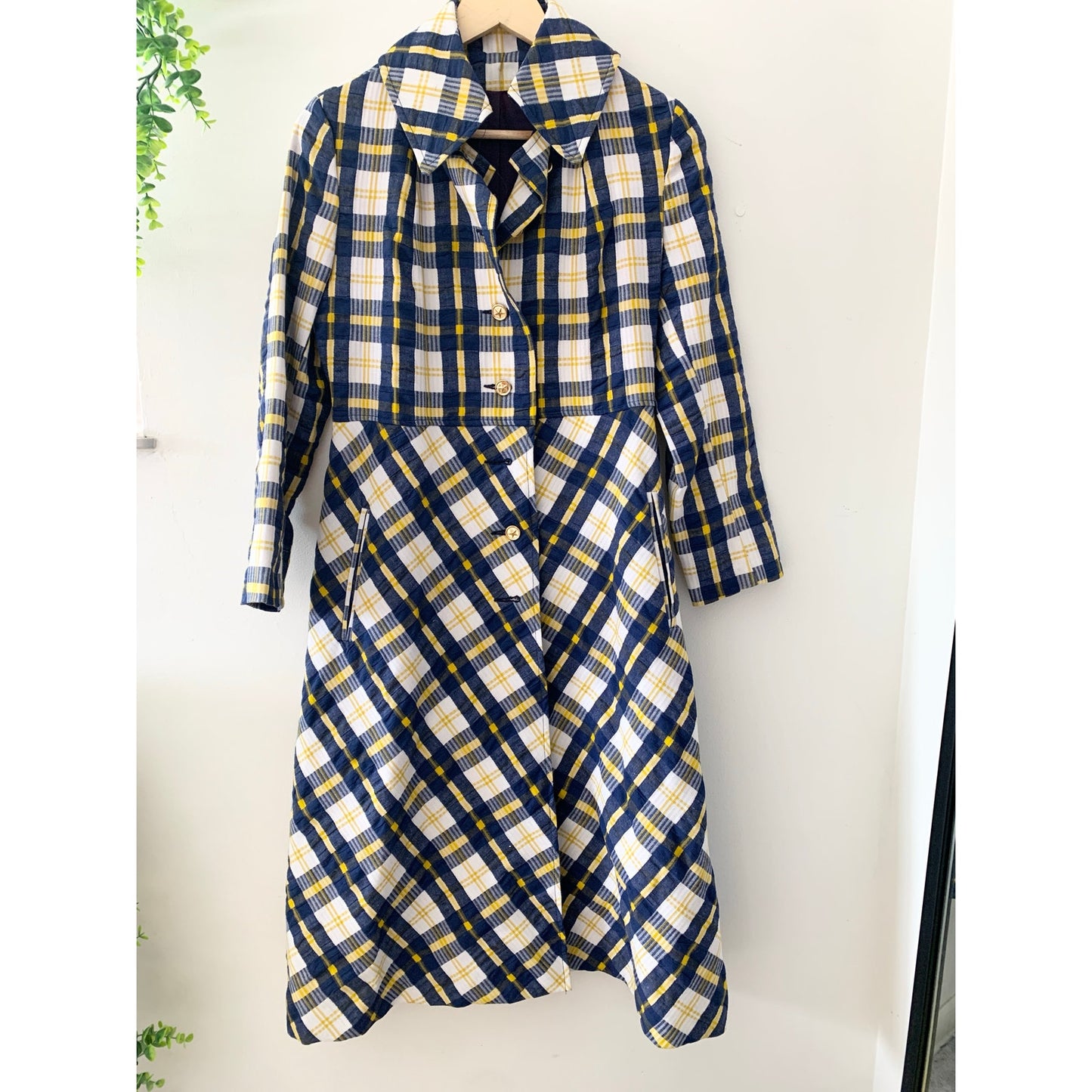 Vintage Jill Jr Union Made 1970s Trench Coat Yellow Blue Woven Union USA made