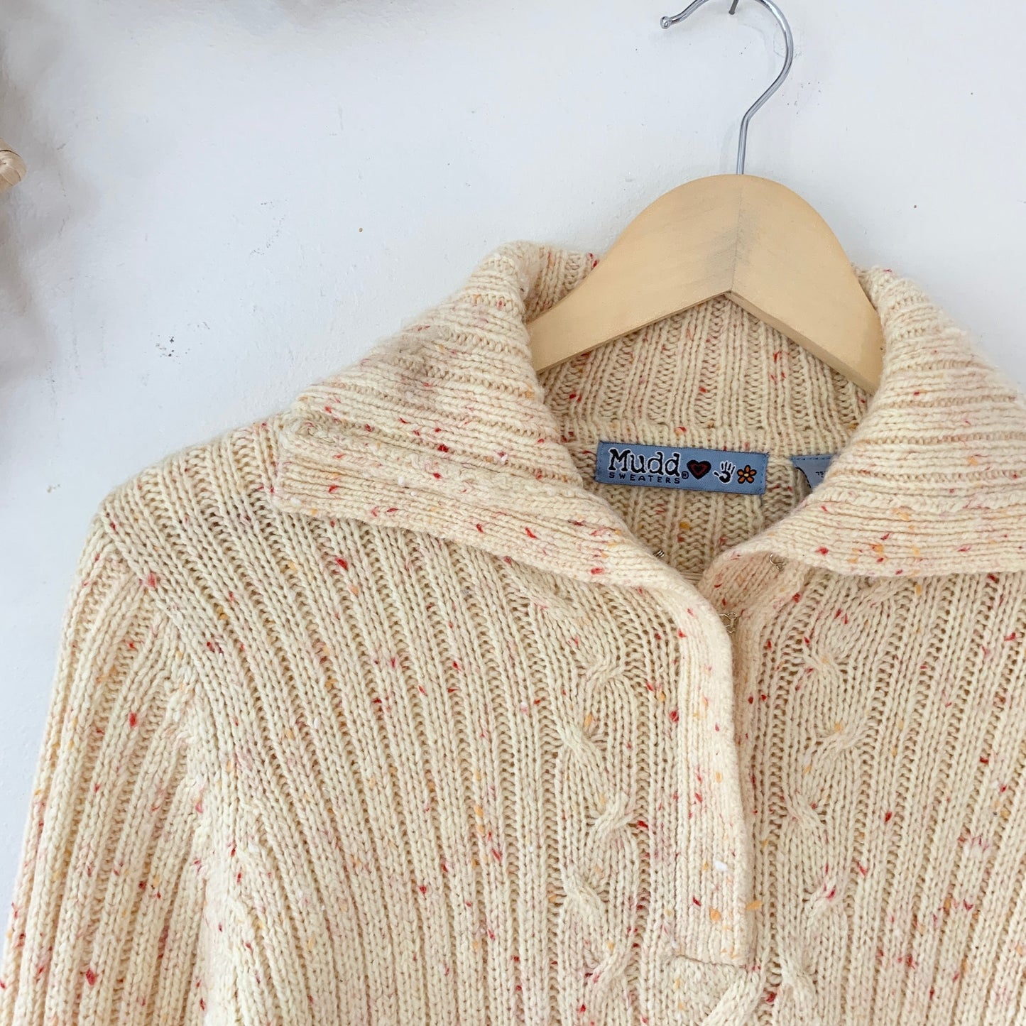 MUDD Jeans Vintage Y2K Logo Knit Cream Red Cable Knit Sweater XL
