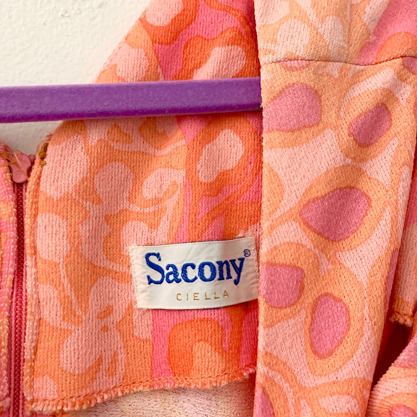 Sacony Ciella 60s 70s Vintage Pink Peach Orange Shift Dress Small