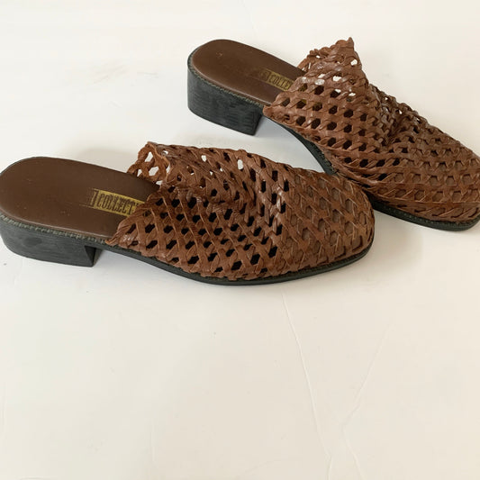The Leather Collection Vintage 90s Woven Brown Sandal Slide Shoes
