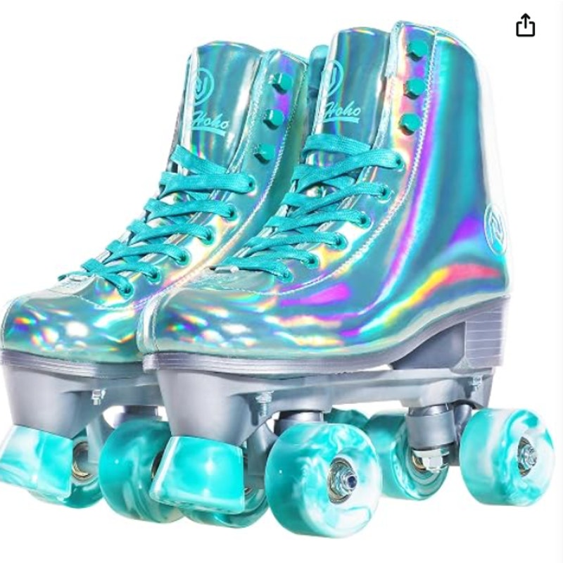 JajaHoho Holographic Shiny Double Row Four Wheels Quad Green Roller Skates