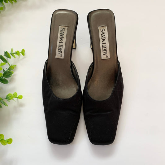 Vintage Sam and Libby Kitten Heel Square Toe Mule Leather Sole Shoes sz 9 Black