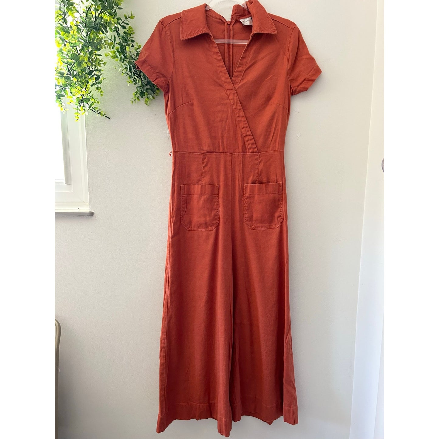 Maeve Anthropologie Colette Linen-Blend Wrap Wide Leg Jumpsuit Rust