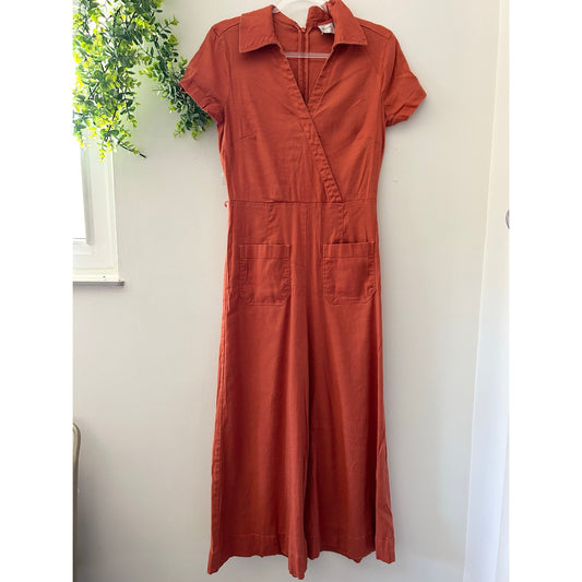 Maeve Anthropologie Colette Linen-Blend Wrap Wide Leg Jumpsuit Rust