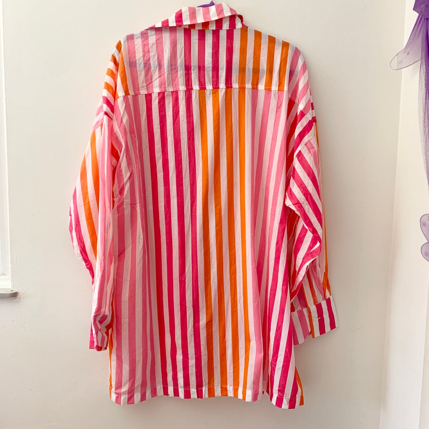 Beach Riot Alexa Pink White Orange Sunset Stripe Cotton Button Swim Top Shirt  L