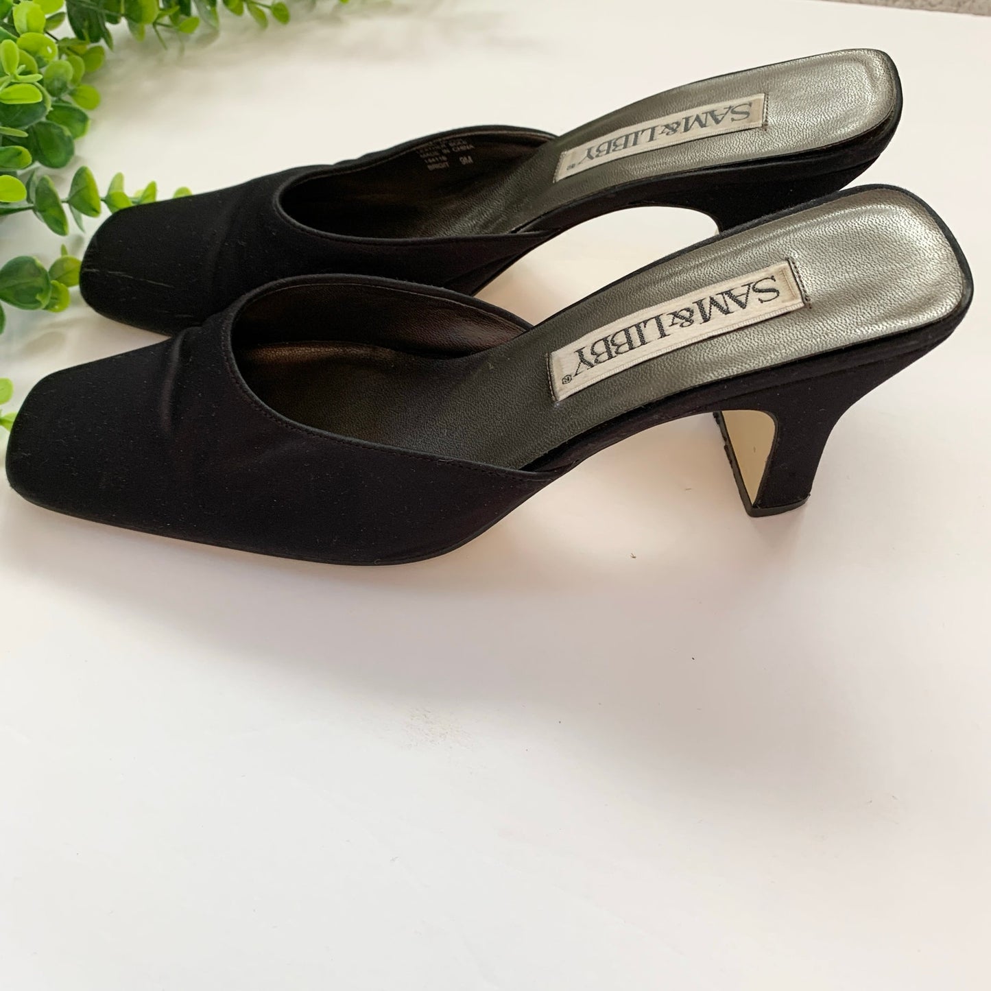 Vintage Sam and Libby Kitten Heel Square Toe Mule Leather Sole Shoes sz 9 Black