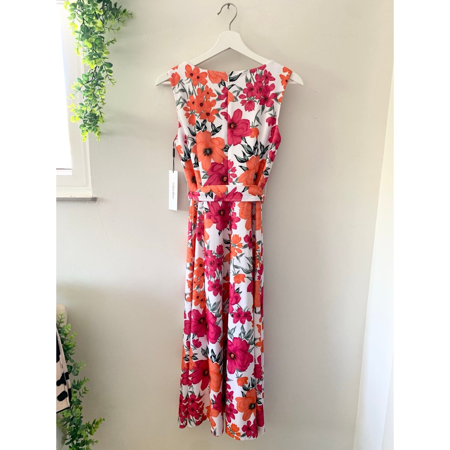 Calvin Klein White Floral Print Sleeveless Midi Dress Belted Waist