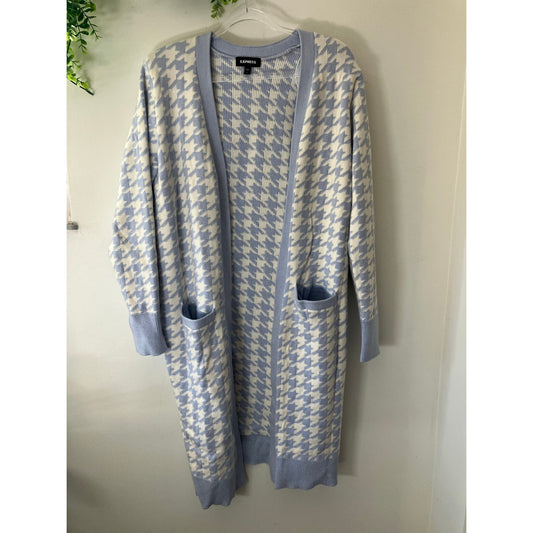 EXPRESS BLUE IVORY METALLIC HOUNDSTOOTH PRINT DUSTER CARDIGAN