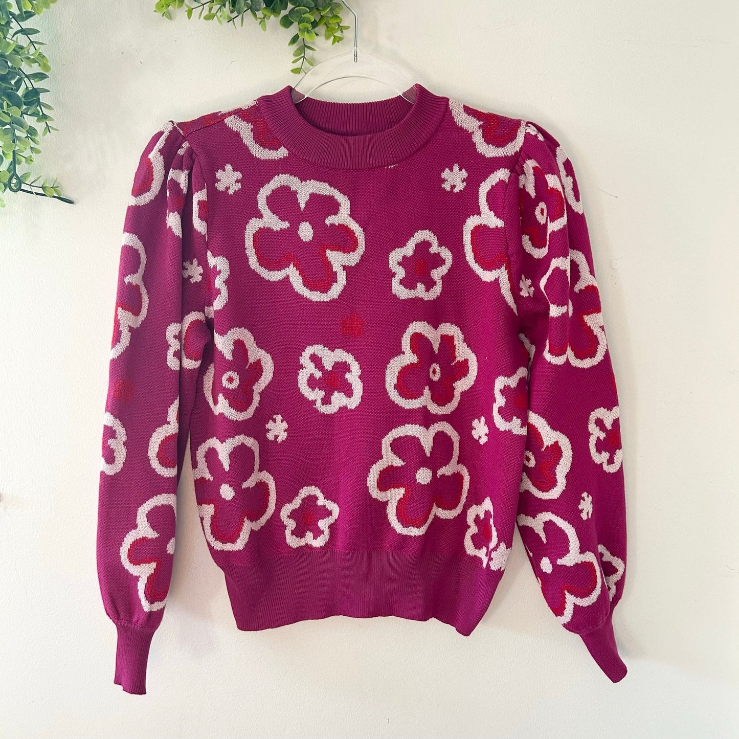 Magenta White Floral Print Crewneck Knit Sweater Rich & Famous