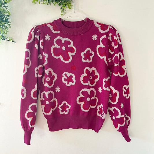 Magenta White Floral Print Crewneck Knit Sweater Rich & Famous