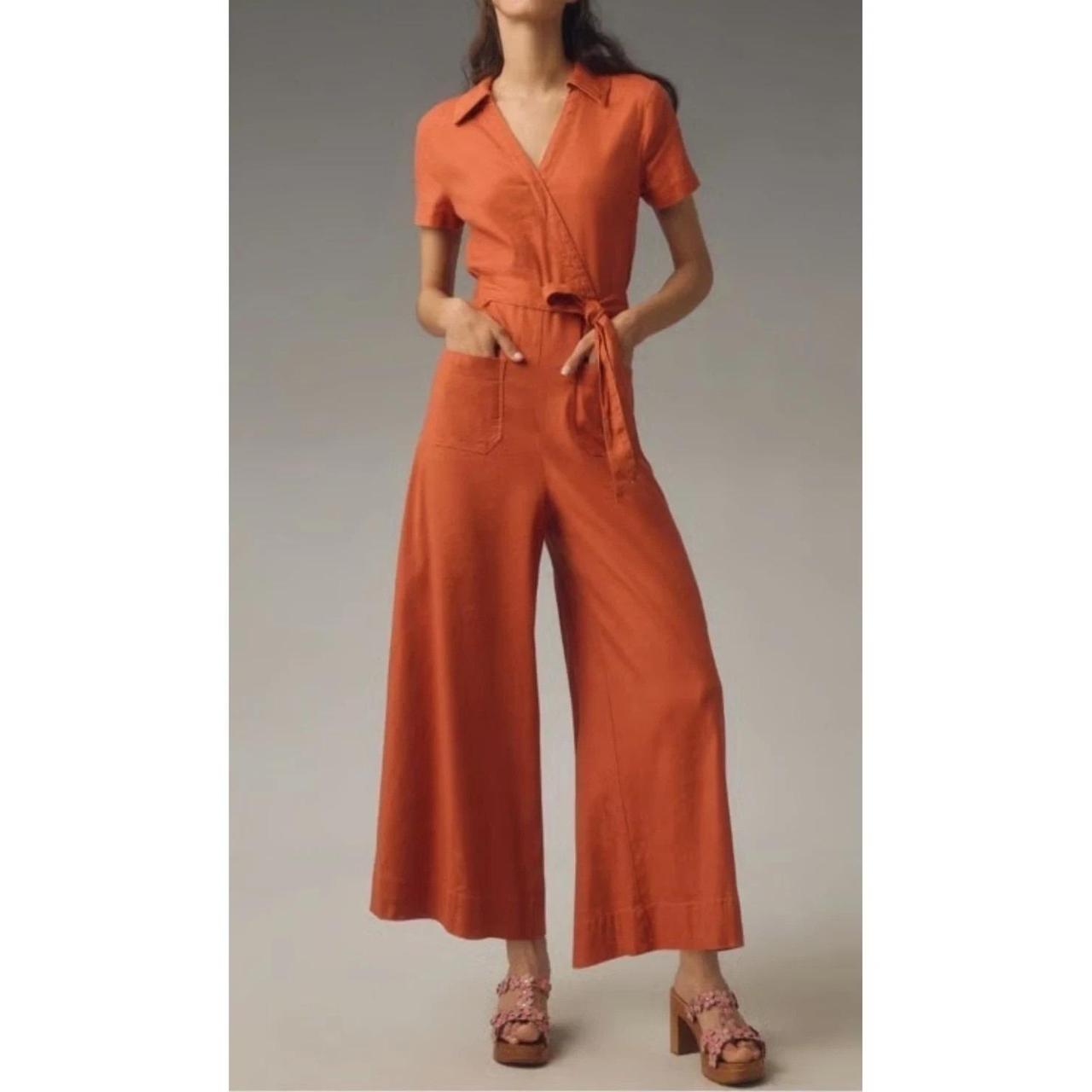Maeve Anthropologie Colette Linen-Blend Wrap Wide Leg Jumpsuit Rust