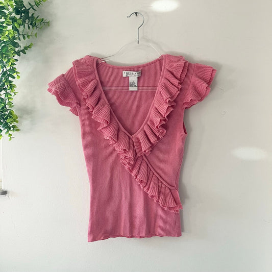Trina Turk Pink Ruffle Front V Neck Knit Short Sleeve Blouse Top