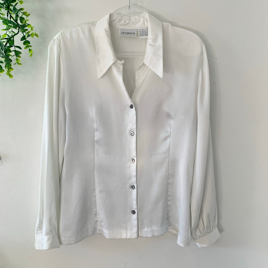 Liz Claiborne Vintage White Button Silky Polyester Collared Blouse 12