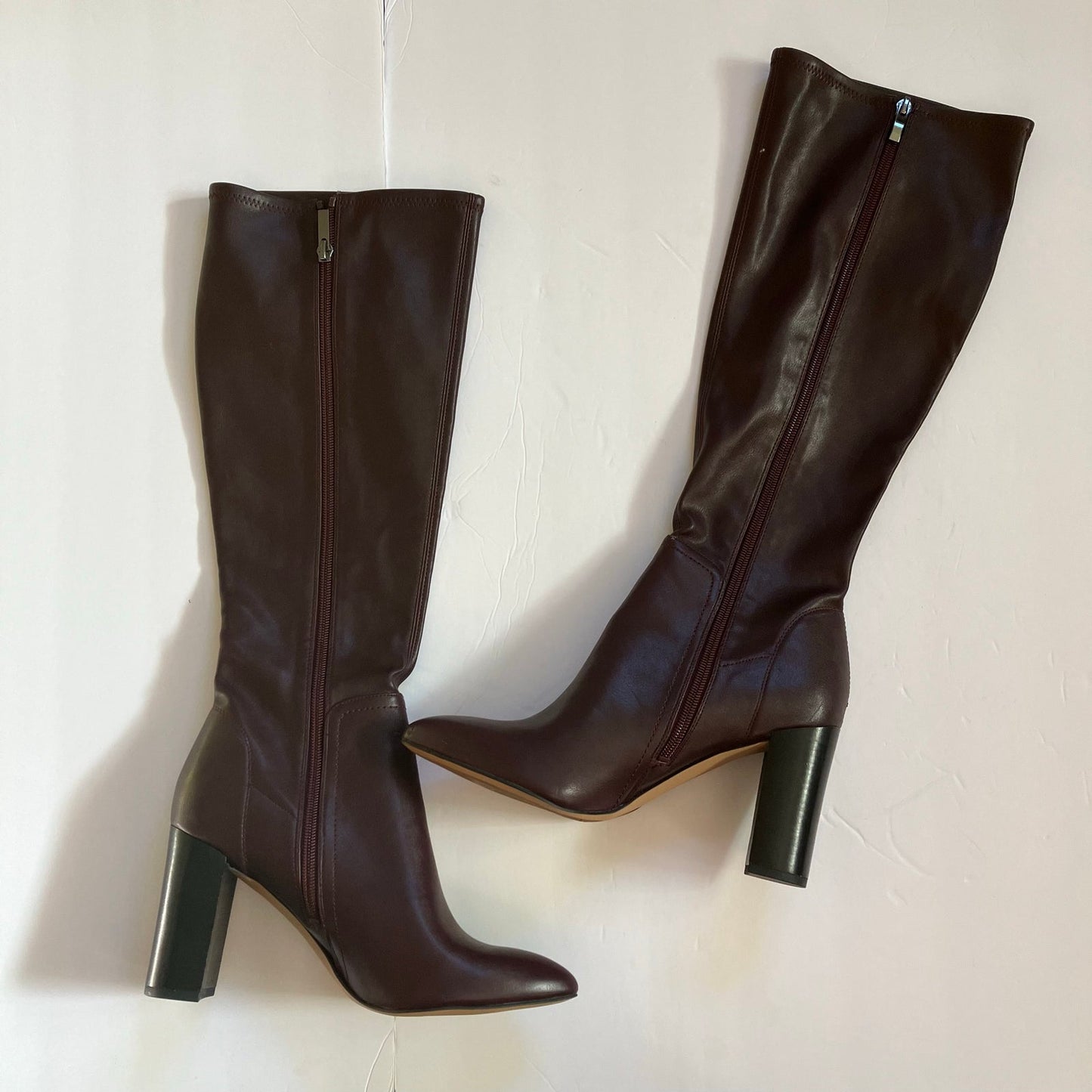 Franco Sarto Kolette Knee High Pointed Burgundy Side Zip Heel Faux Leather Boot