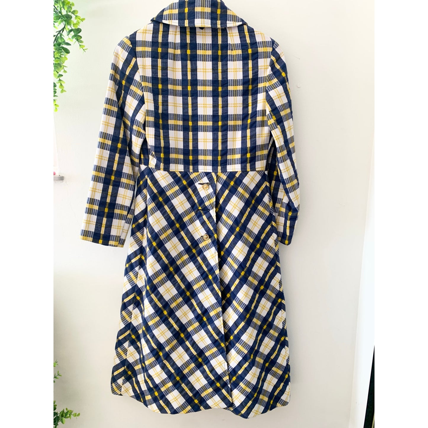 Vintage Jill Jr Union Made 1970s Trench Coat Yellow Blue Woven Union USA made