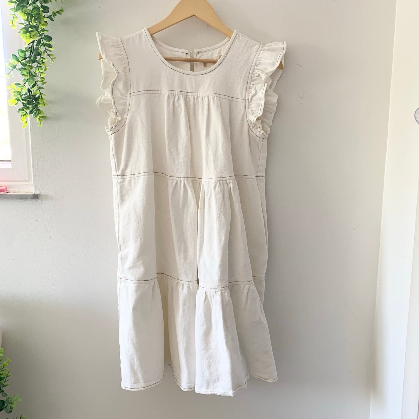 Altar'd State White Denim Babydoll Summer Tiered Dress Small