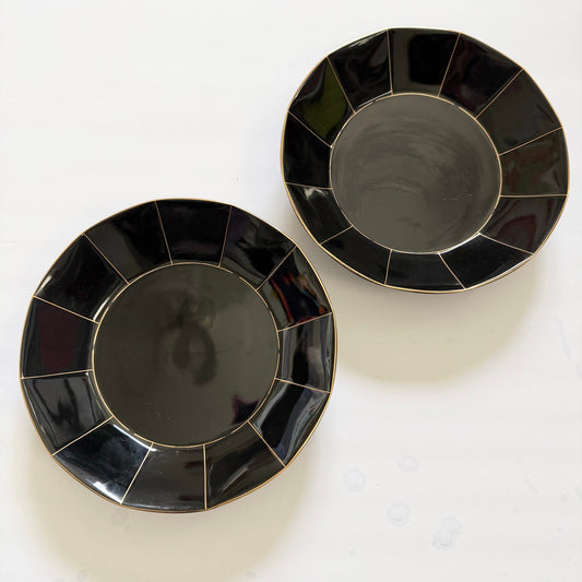 Mikasa Midnight Gold Formal Facet L9903 Glossy Black Art Deco Plates