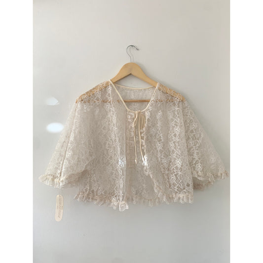 Pearls and Lace Vintage Lingerie Shirt Bolero Bed Jacket White Bridal Sm Med
