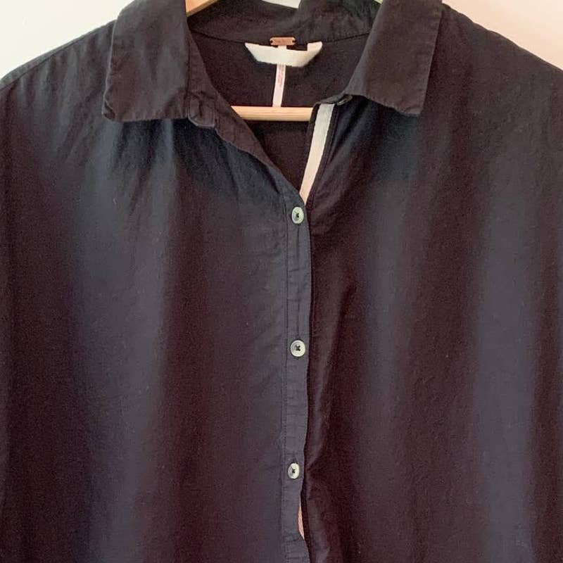 Free People Misha Black Mini Button Front Cotton Tiered Dress Small