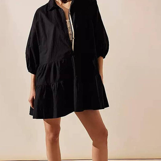 Free People Misha Black Mini Button Front Cotton Tiered Dress Small